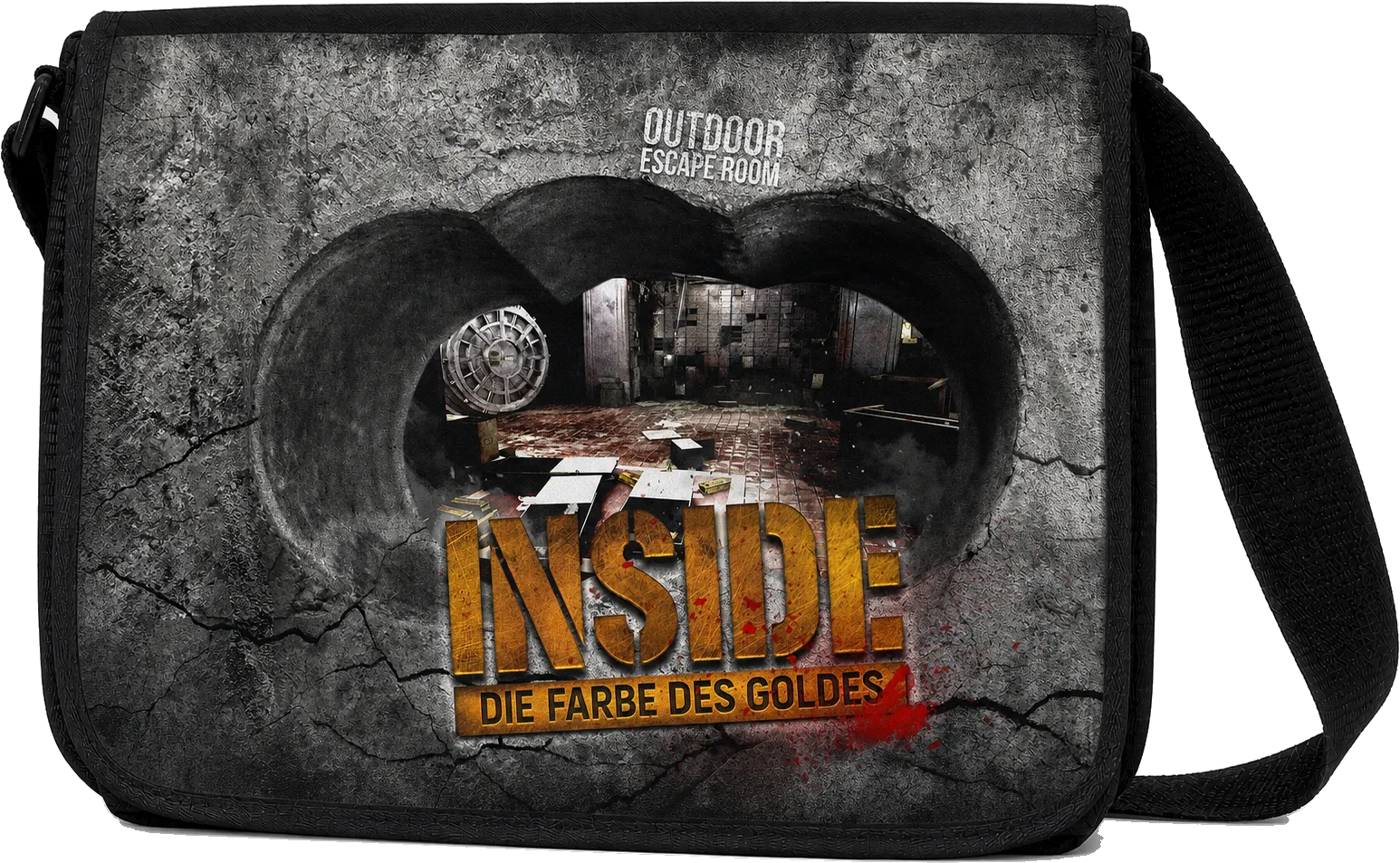 Umhaengetasche des Outdoor Escape Rooms Inside, Die Farbe des Goldes, mit einem Blick durch die aufgesprengte Tresorwand